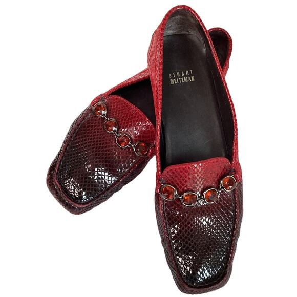 Stuart Weitzman Snakeskin Print Leather Red Jewel Loafers Red Ombre 8M Slip On - Picture 10 of 10